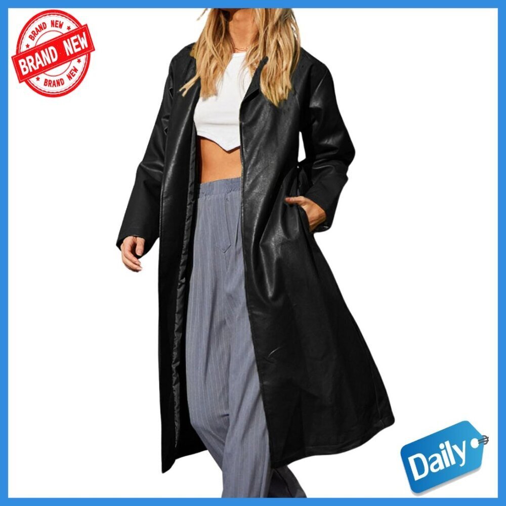 Slim Fit Faux Leather Trench Coat Long Sleeve Button Closure Ankle Length